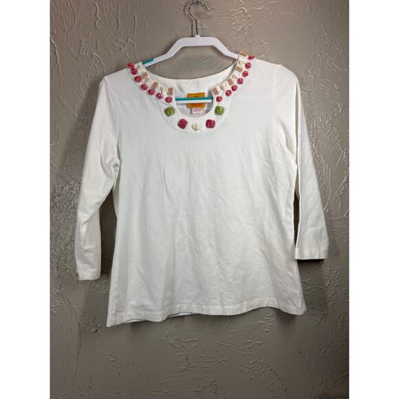 Ruby Rd Womens 3/4 Sleeve White Pullover Beaded Neck Wearable Art Size Medium - Picture 1 of 4